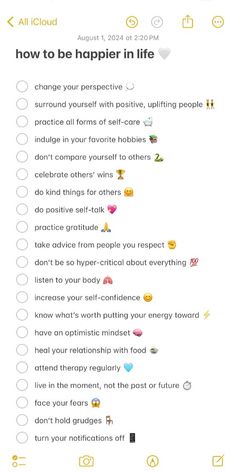 To be happy, focus on cultivating gratitude and mindfulness in your daily life. Start each day by acknowledging the things you’re thankful for, no matter how small. Surround yourself with positive people who uplift and inspire you, and engage in activities that bring you joy, whether it's a hobby, exercise, or spending time in nature. Set realistic goals and celebrate your achievements, and remember to practice self-compassion. Lastly, embrace the present moment, letting go of past regrets and future anxieties, and allow yourself to experience joy in the here and now. How To Be Calm And Happy, How To Improve Your Lifestyle, How To Be A Good Person Tips, How To Forget Your Past, Guide To Happiness, How To Be Peaceful Mind, Tips To Be Happier, Happy Things To Do, Things To Boost Your Mood