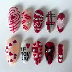 Valentines Funky Nails, Eccentric Valentines Nails, Valentines Nails Inspo 2025, Valentine’s Day Nails Funky, Valentines Nails Maximalist, Valentines Day Nails Junk, Valentines Day Nails Cupid, Valentines Day Nails Maximalist, Baddie Valentines Nails Red