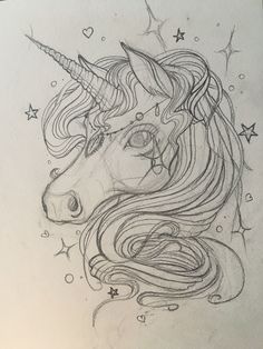 a pencil drawing of a unicorn's head with stars on the forehead and tail