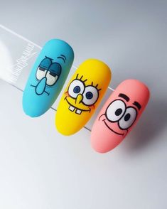 Teletubbies Nail Art, Character Nail Art Step By Step, Desain Salon Kuku, Spongebob Nails, Nailart Tutorial, Disney Acrylic Nails, Pop Art Nails, Mickey Nails