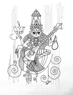 Saraswati Sketch, Navratri Painting, Saraswati Drawing, Saraswati Art, Abstract Pencil Drawings, Beautiful Art Paintings, Indian Folk Art