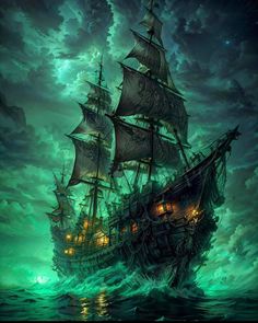 a pirate ship sailing through the ocean at night