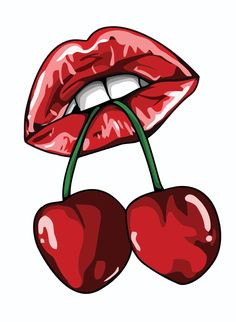 two cherries sticking out of the lip of a woman's mouth