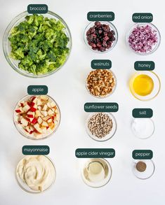 the ingredients for an apple salad laid out in bowls