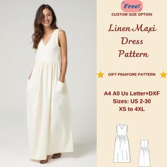 a woman in a white dress with the text, linen magi dress pattern