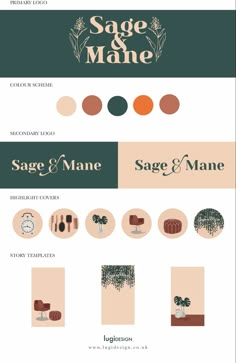 the sage and mane logo is shown in green, beige, and brown colors with different font