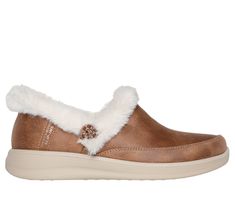 Cuddle up in comfort with Skechers Hands Free Slip-ins Cozy Escape. This casual slipper features a 3M Scotchgard treated vegan leather upper with faux-fur trim, and a cushioned Skechers Memory Foam footbed. | Skechers Women's Slip-ins: Cozy Escape Bootie Shoes | Medium Width | Skechers Hands Free Slip-ins for an easy fit | Skechers Memory Foam cushioned comfort footbed | Crafted with 100% vegan materials | Vegan leather upper | Faux-fur lining and trim | Slip-on casual comfort slipper design | I Skechers Boots, Slipper Design, Slipper Shoes Women, Skechers Memory Foam, Women Casual Shoes, Designer Slippers, Shoes Flats Sandals, Lace Up Wedges, Wide Shoes