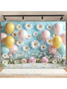 an image of balloons and daisies in the sky with white flowers on blue background