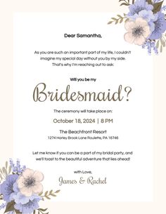 a wedding card with flowers on it and the words bridesmaid written in white