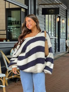 Beginning Boutique Sweater, Fall Outfits Navy Blue, Demetra X Beginning Boutique, Fall Striped Sweater, Navy And White Sweater, White And Blue Striped Sweater Outfit, Chunky Striped Sweater, Alter’d State Outfits, Italy In January Outfits