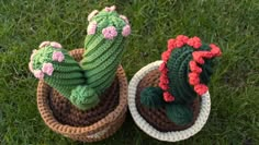 two crocheted cactus hats sitting in the grass