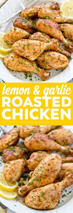 lemon and garlic roasted chicken on a white plate