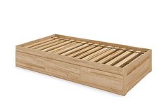 a wooden bed frame with two drawers