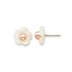 Simple flower inspired earrings crafted from shimmering 14 karat yellow gold with 3-4mm freshwater pink cultured pearls at the center of the flower and white mother of pearl petals. These classic button post earrings are the affordable fashion forward style. Freshwater Cultured Pearl & Mother of Pearl Flower Earrings in 14K Yellow Gold Size: one size.  Gender: female.  Age Group: adult. Elegant Mother Of Pearl Flower Earrings, Classic Flower-shaped Pearl Earrings, Pearl Flower Earrings, White Flower-shaped Mother Of Pearl Jewelry, Elegant Mother Of Pearl Flower-shaped Earrings, Luxury Flower-shaped Mother Of Pearl Earrings, Simple Flower, Earring Crafts, Pearl Flower