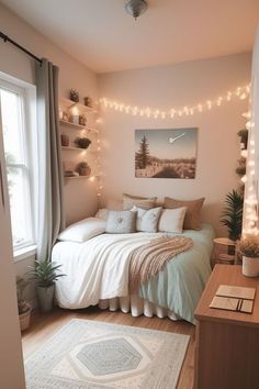 a bedroom with lights strung from the ceiling and a bed in front of a window