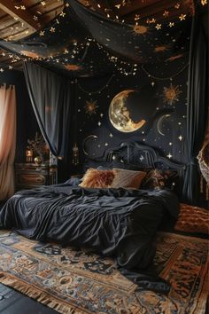 a bedroom with stars and moon decorations on the ceiling, bedding is made up