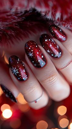 Xmas Nails Burgundy, Gothmas Nails Short, Red Nail Art Christmas, Nails For Winter Wedding Guest, Black Nails Red Glitter, Red Christmas Nails With Rhinestones, Red And Black Nails Christmas, Christmas Nails Red And Black, Dark Blood Red Nails