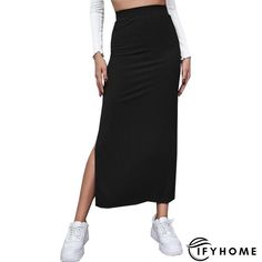 Brown Striped Bodycon Midi Skirt Black Tight Skirt Outfit, Tight Skirt Outfit, Type Collage, Bodycon Maxi Skirt, Maxi Skirts Summer, Skirt Streetwear, High Waist Long Skirt, Polyester Skirt, Solid Skirt