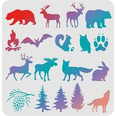 the silhouettes of different animals and their tracks are shown in blue, red, and purple