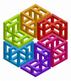 four different colored cubes are arranged in the shape of a hexagonal structure