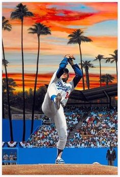 a painting of a baseball player throwing a ball in front of a stadium full of people