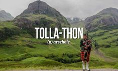 a bagpipe player standing in front of mountains with the words tolla - thon on it