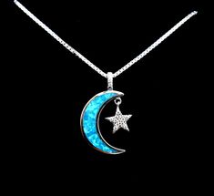 "Sterling Silver Crescent Moon and Star Blue Opal Necklace Minimalist Necklace / Dainty Necklace Your choice of 16\" or 18\" Sterling Silver Box Chain with Lobster Clasp .925 Sterling Silver Perfect Gift for 10th or Sweet 16 Birthday! Measurements For Moon & Star Pendant: Height: 23.5mm (0.9\") Width: 14mm (0.6\") Ships in a silver pendant box lined with a black velveteen foam insert, ready for giving!" Blue Star Shaped Necklace For Gift, Blue Moon Necklace For Gift, Blue Moon Shaped Necklace For Gift, Blue Crescent Necklace For Gifts, Blue Crescent Necklace For Gift, Blue Star Of David Necklace As Gift, Blue Star Of David Necklace Gift, Blue Star Of David Necklace For Gift, Blue Star Jewelry With Moon Charm