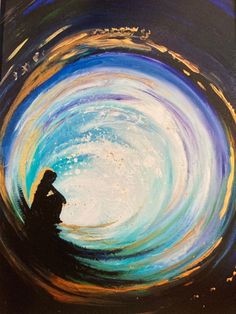 a painting of a person sitting in front of a blue and yellow swirl