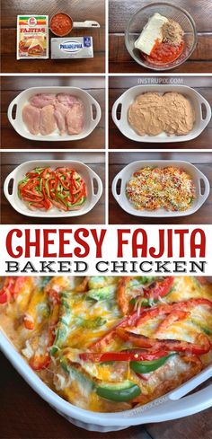 the steps to make cheesy fajita baked chicken casserole are shown