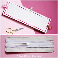 two pictures showing how to sew an envelope with zippers and scissors on it