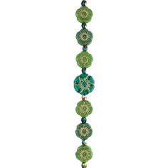 a green and blue beaded necklace with beads on it's end, hanging from a chain