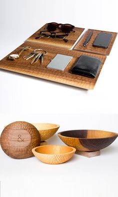 two wooden bowls, one with sunglasses on it and the other with eyeglasses