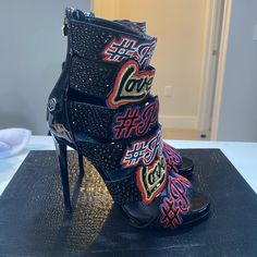 Crystals With Art Worn 3x Perfect Condition Box Dust Bag Etc Included Trendy Black Heels With Red Sole, Shoes Boots, Me Too Shoes, Shoes Women Heels, Black Red, Dust Bag, Shoes Heels, Black And Red, Size 6