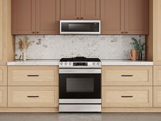 a stove top oven sitting inside of a kitchen next to wooden cabinets and counter tops