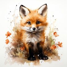 a watercolor painting of a little fox sitting in the grass with flowers around it