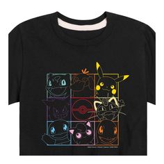 a black t - shirt with pokemon faces on the front and back, all in different colors