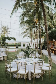 an outdoor dining area with palm trees and white table cloths on the tables, surrounded by greenery