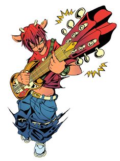 an anime character playing a guitar with horns on his head