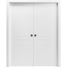 an open white door with two black knobs on the front and back doors, isolated against a white background