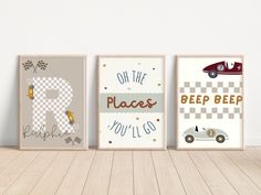 three children's wall art prints featuring cars and race cars