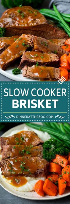 slow cooker brisket on a plate with carrots and broccoli