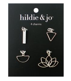 Personalize a DIY jewelry or craft project using these hildie & jo Metal Charms - Silver This pack includes four unique charms in smooth silver There is a solid bar, an open triangle, an open half moon and an open lotus flower Add these to bracelets, necklaces, keychains and moreBrand: hildie & joIncludes four charmsDimensions: 1 x 063 inches (W x L) (largest charm) (approximate), 013 x 025 inches (W x L) (smallest charm) (approximate)Content: Brass & Iron Open Lotus Flower, Metal Charms, Small Charms, Jewelry Making Charms, Joanns Fabric And Crafts, Metal Charm, Unique Charms, Half Moon, Lotus Flower