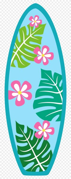 a blue oval with pink flowers and green leaves