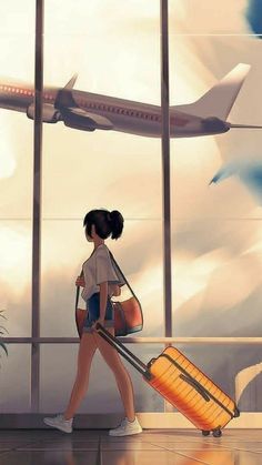 a woman pulling a suitcase behind her is an airplane flying in the sky and clouds