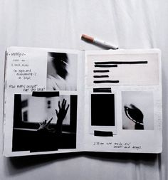 an open book with black and white photos on it