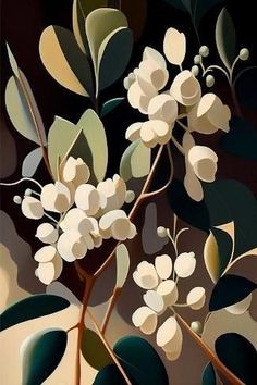 a painting of white flowers and green leaves on a black background with shadow from the wall