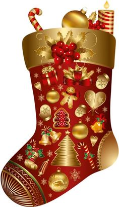 a red christmas stocking with gold decorations