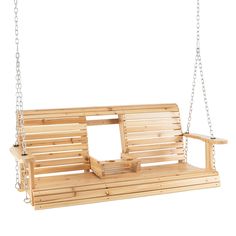 a wooden swing with chains hanging from it