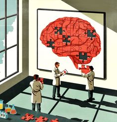 two men in lab coats are looking at a puzzle piece on a large wall with a red brain