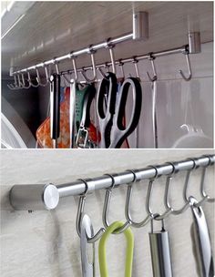 two pictures side by side one has scissors and the other has utensils hanging from hooks